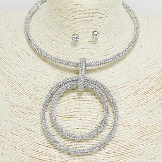 91640_Silver/Clear, double round ring glitter rhinestone necklace 