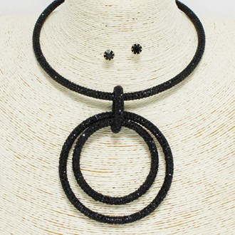 91640_Gold/Black, double round ring glitter rhinestone necklace 