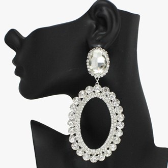91799_Silver/Clear, oversized oval rhinestone evening earring, wedding, bridal, prom 