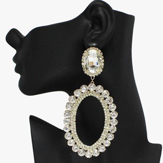 91799_Gold/Clear, oversized oval rhinestone evening earring, wedding, bridal, prom 