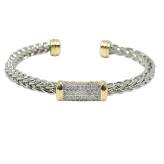 100019_Two tone/Clear, pave geometric accent stainless steel cuff bracelet 