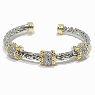100263_Two tone/Clear, designer inspired pave cubic zirconia cuff bracelet 