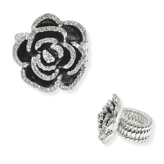 100448_Silver/Black, rose flower crystal rhinestone stretch ring 