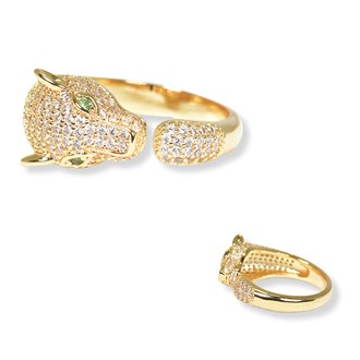 100450_Gold, panther micro pave cubic zirconia stainless steel adjustable ring 