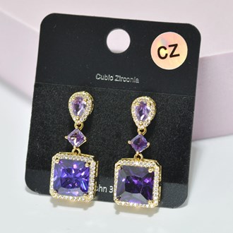 93988_Gold/Purple, rectangle accent cubic zirconia dangle earring, wedding, bridal, prom 