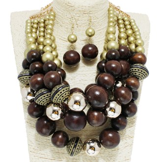 95502_Gold/Brown, chunky wood ball statement necklace 