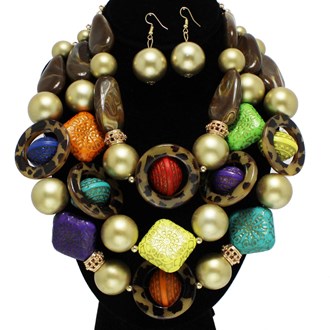 95506_Gold/Multi, chunky geometric bead with leopard statement necklace 