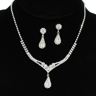 96000_Silver/Clear, teardrop accent crystal rhinestone necklace set, wedding, bridal, prom 