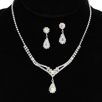 96000_Silver/AB, teardrop accent crystal rhinestone necklace set, wedding, bridal, prom 