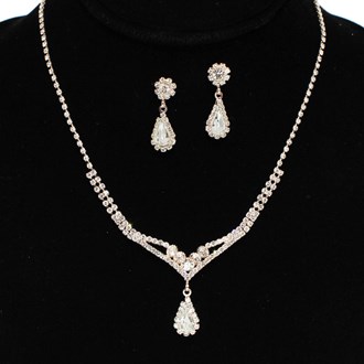 96000_Rose Gold/Clear, teardrop accent crystal rhinestone necklace set, wedding, bridal, prom 