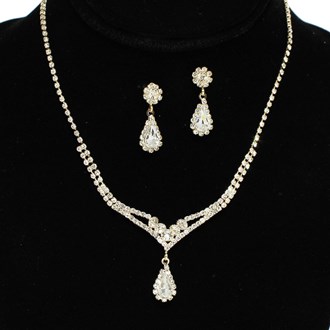 96000_Gold/Clear, teardrop accent crystal rhinestone necklace set, wedding, bridal, prom 