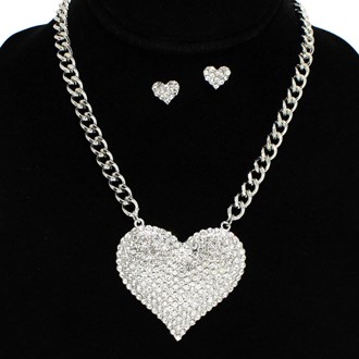 96066_Silver/Clear, pave rhinestone heart with chain necklace, valentine