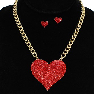 96066_Gold/Red, pave rhinestone heart with chain necklace, valentine