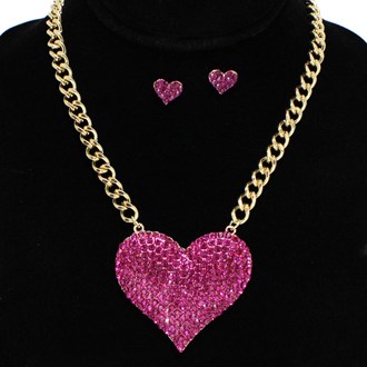 96066_Gold/Fuchsia, pave rhinestone heart with chain necklace, valentine