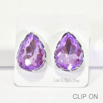 96183_Silver/Lavender, teardrop rhinestone clip on earring, wedding, bridal, prom 