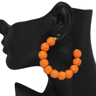 96464_Orange, 60mm raffia ball hoop earring 