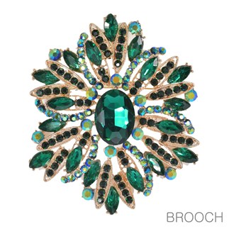 96851_Gold/Emerald Green, oval rhinestone accent pin brooch 