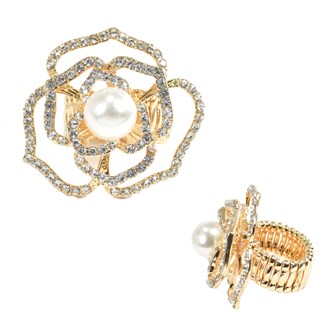 98047_Gold/Cream, flower pearl accent pave rhinestone stretch ring 