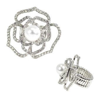 98047_Silver/White, flower pearl accent pave rhinestone stretch ring 