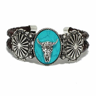 98182_Silver Burnished/Turquoise, western steer head concho with faux leather cuff bracelet 