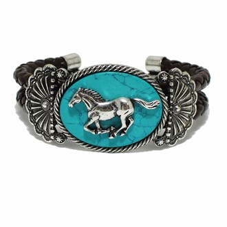 98183_Silver Burnished/Turquoise, western horse concho with faux leather cuff bracelet 