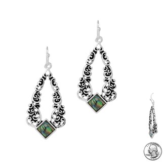 98186_Antique Silver, geometric abalone accent filigree earring 