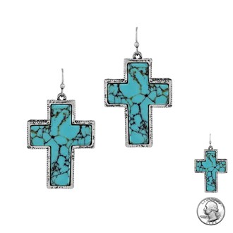 98192_Silver Burnished/Turquoise, filigree accent cross dangle earring