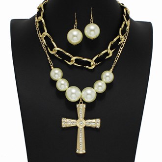 99043_Gold, cross with pearl set of two necklace 