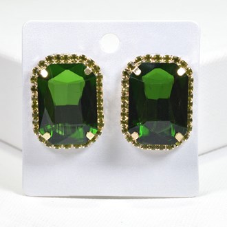 99580_Gold/Olive Green, rectangle rhinestone stud earring 