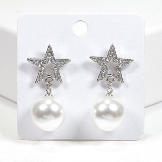 99581_Silver/White, star crystal rhinestone with pearl dangle earring 