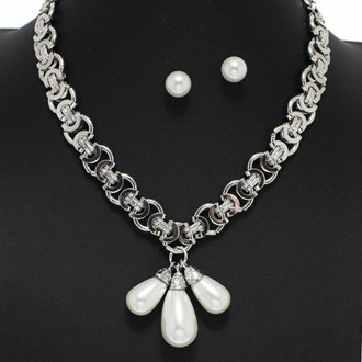 99583_Silver, triple pearl charm chain necklace 