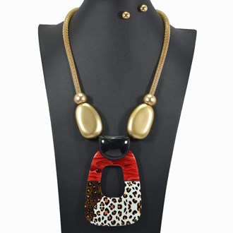 99682_Gold/Red, geometric leopard celluloid acetate necklace 