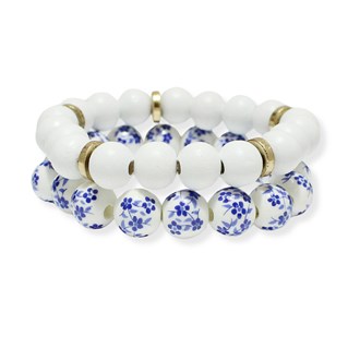 100921_White, blue floral ceramic multi layered wood beaded stretch bracelet 