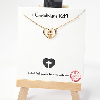 101521_Gold, 18K Gold Dipped, "1 Corinthians 16:14" cross heart necklace 