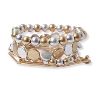 101973_Worn Gold/Worn Silver, geometric multi layered beaded stretch bracelet 