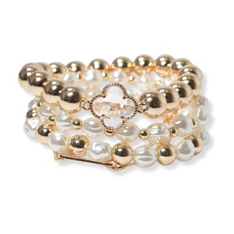 101974_Gold, clover freshwater pearl multi layered beaded stretch bracelet 