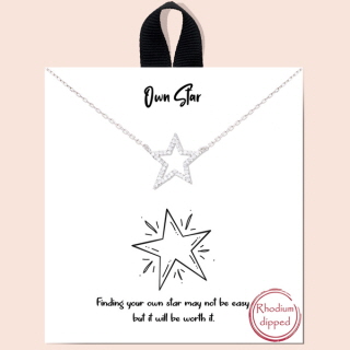 79695_Silver, &quotown star" cubic zirconia pave necklace/rhodium dipped