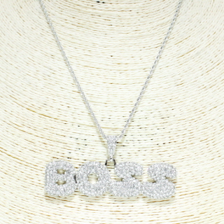 79815_Silver, &quotBOSS" pave pendant necklace/brass chain