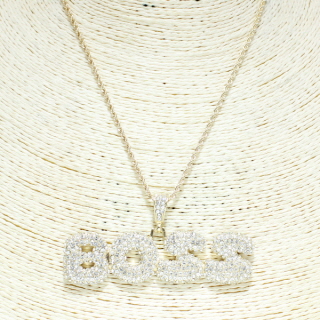 79815_Gold, &quotBOSS" pave pendant necklace/brass chain