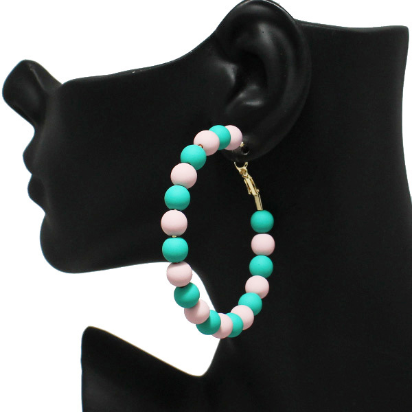 86490_Dk Pink/Green, matte finish ball bead hoop earring *60mm