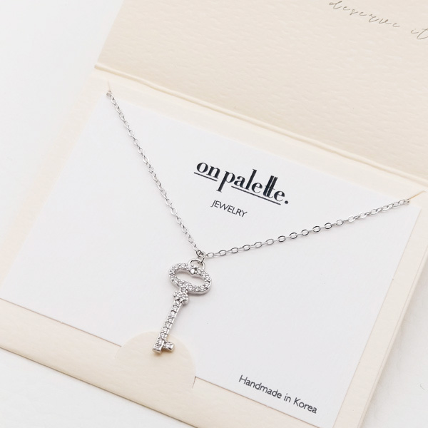 87713_Silver/Clear, pave key pendant necklace