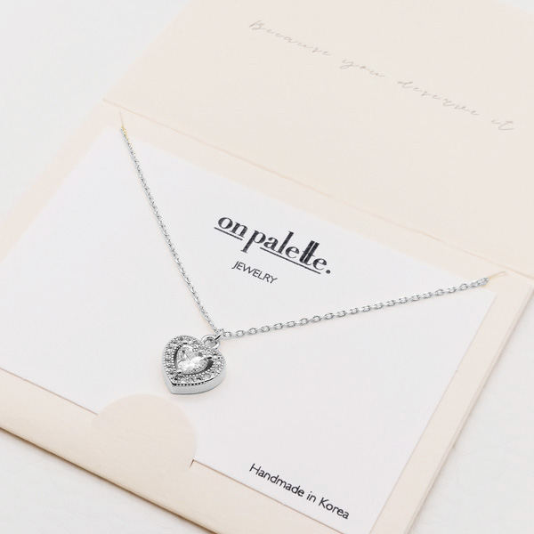 87751_Silver/Clear, dainty pave heart pendant necklace 