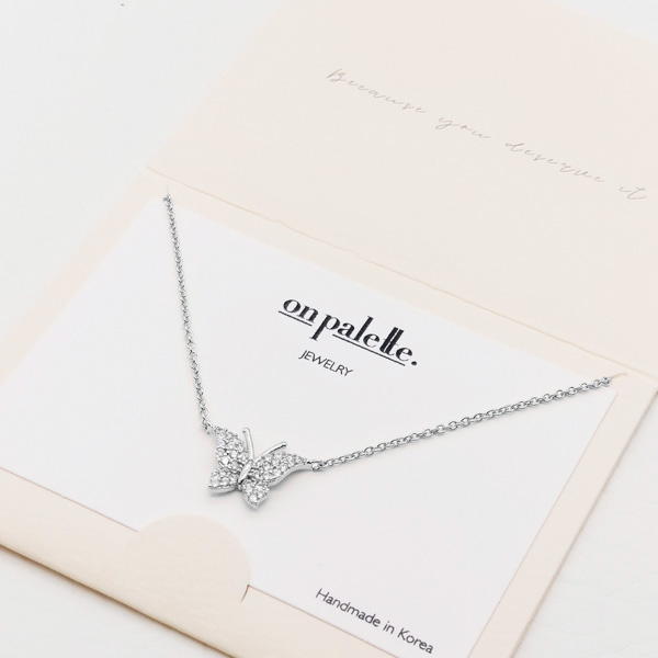 87764_Silver/Clear, dainty pave butterfly pendant necklace 