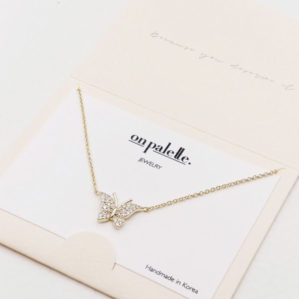 87764_Gold/Clear, dainty pave butterfly pendant necklace 