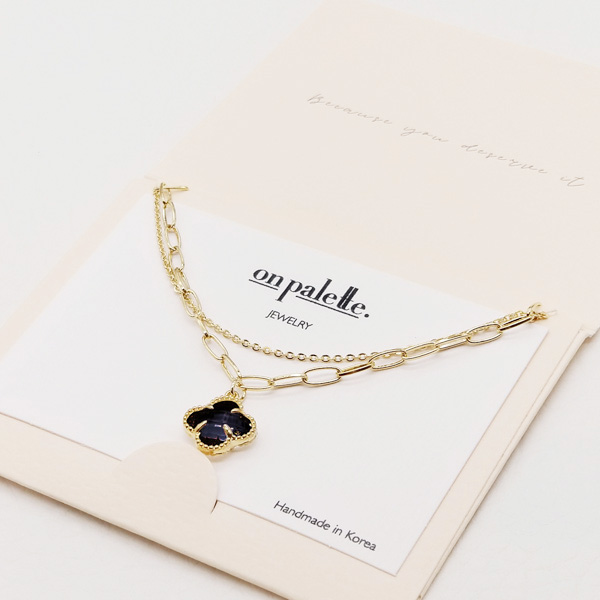87765_Gold/Black, quatrefoil clover charm layered necklace 