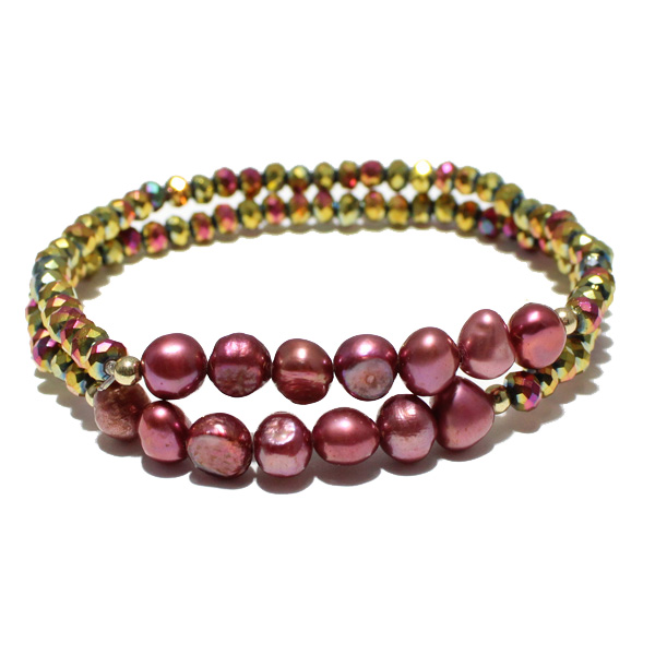 87845_Red, multi layered pearl n bead stretch bracelet 
