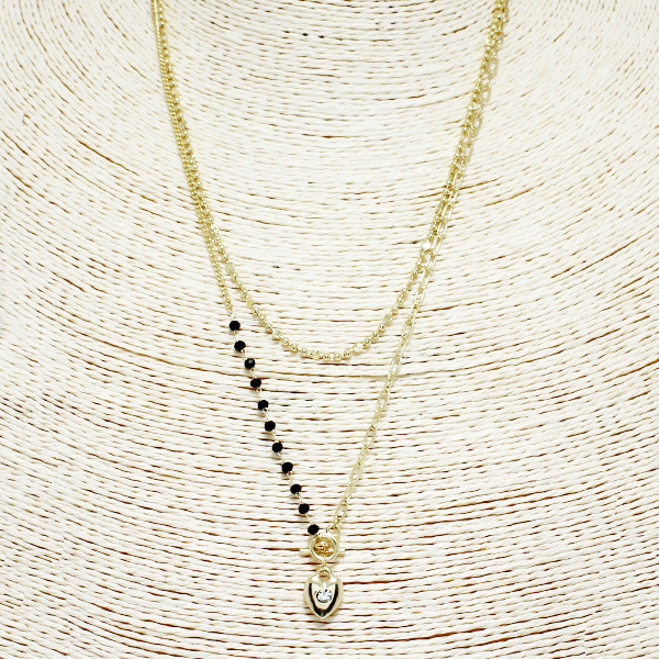87939_Gold/Black, dainty heart toggle double layered necklace 