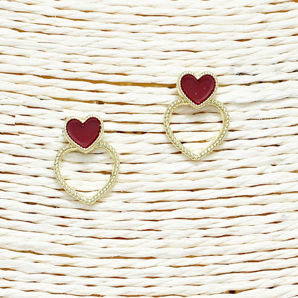 87954_Gold/Red, double heart shape post earring 