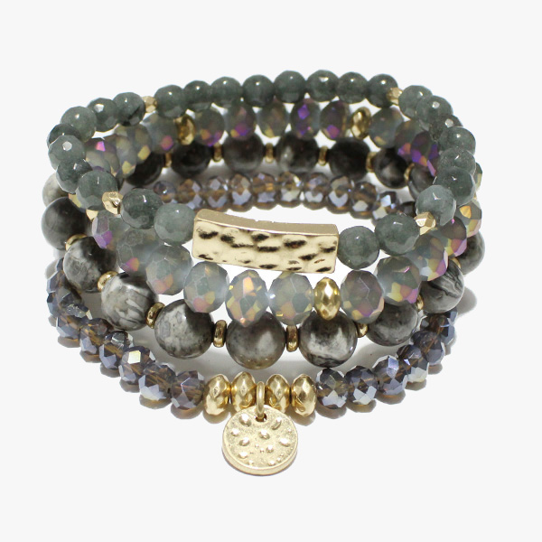 88015_Grey, multi layered bead stretch bracelet 