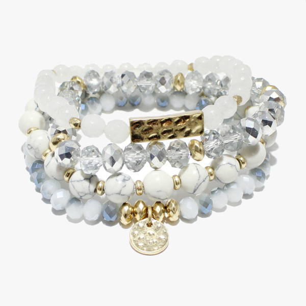88015_White, multi layered bead stretch bracelet 